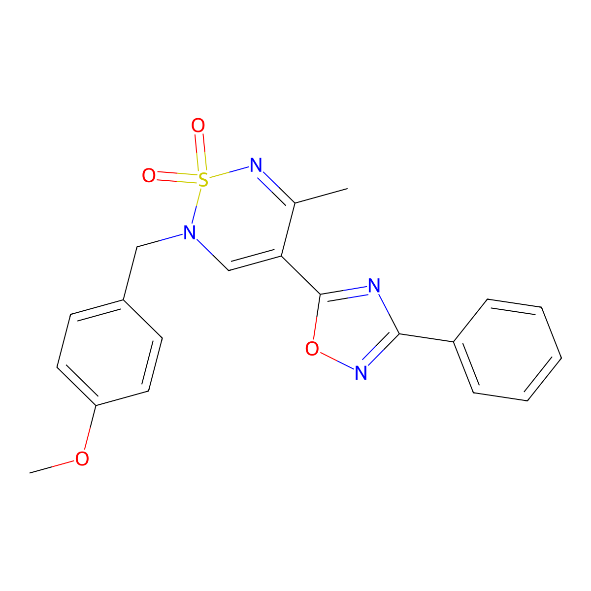 2-[(4-methoxyphenyl)methyl]-5-methyl-4-(3-phenyl-1,2,4-oxadiazol-5-yl)-2H-1lambda6,2,6-thiadiazine-1,1-dione molecular structure, CAS 2108806-30-8