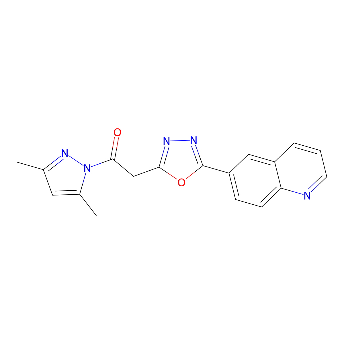 6-{5-[2-(3,5-dimethyl-1H-pyrazol-1-yl)-2-oxoethyl]-1,3,4-oxadiazol-2-yl}quinoline molecular structure, CAS 2108819-81-2