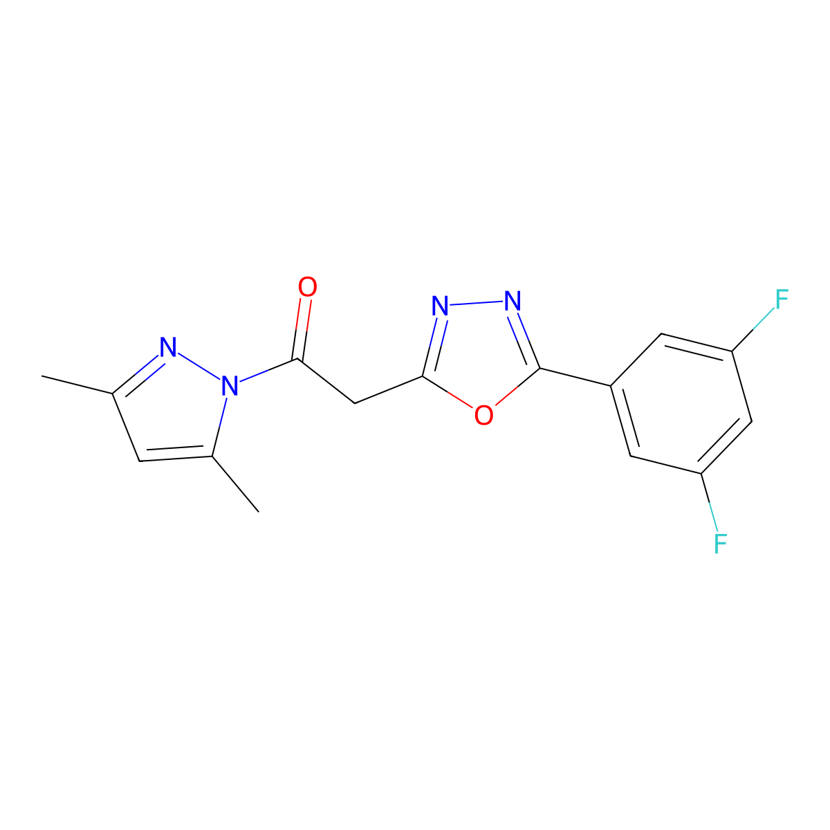 2-(3,5-difluorophenyl)-5-[2-(3,5-dimethyl-1H-pyrazol-1-yl)-2-oxoethyl]-1,3,4-oxadiazole molecular structure, CAS 2108819-97-0