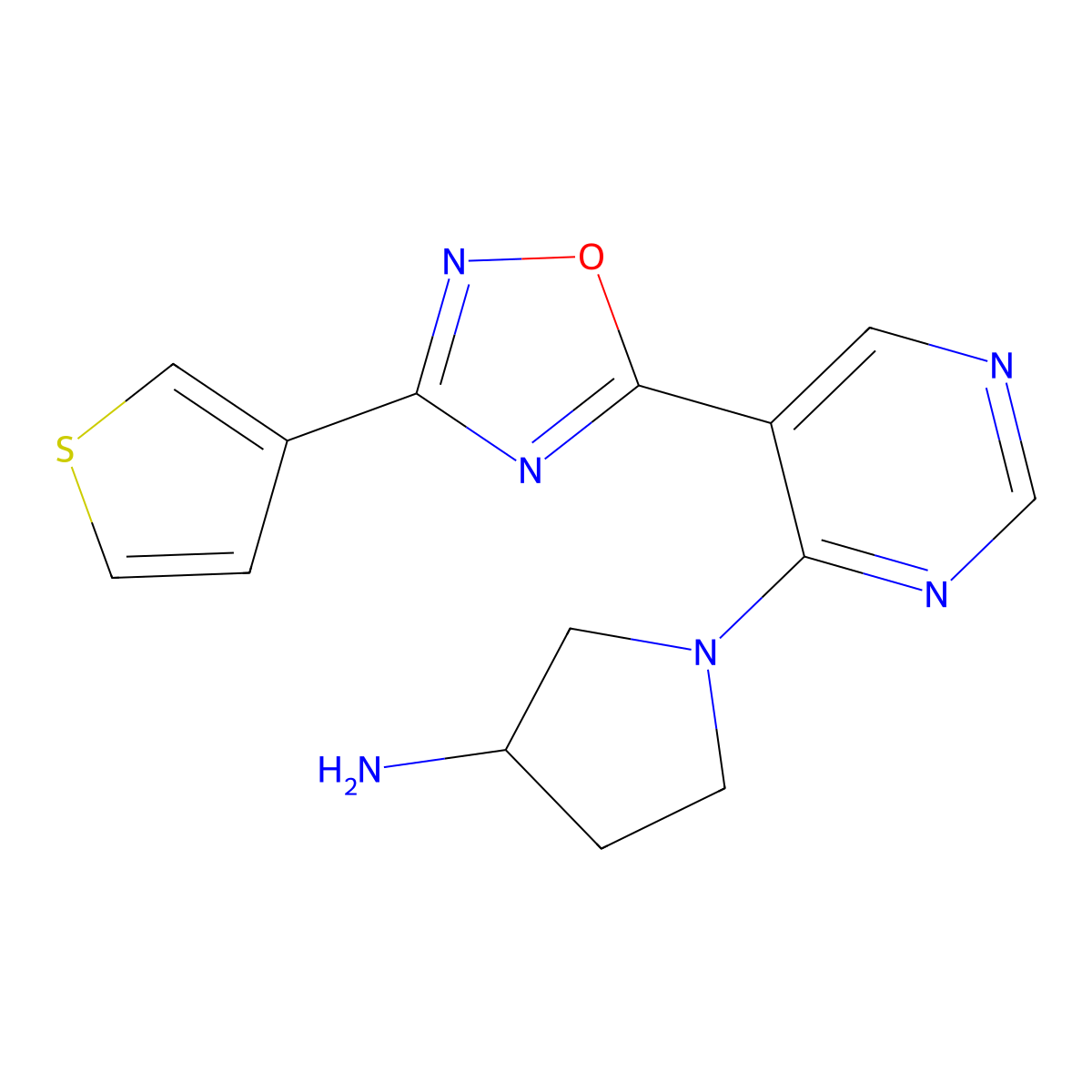 1-{5-[3-(3-Thienyl)-1,2,4-oxadiazol-5-yl]pyrimidin-4-yl}pyrrolidin-3-amine molecular structure, CAS 2108823-87-4