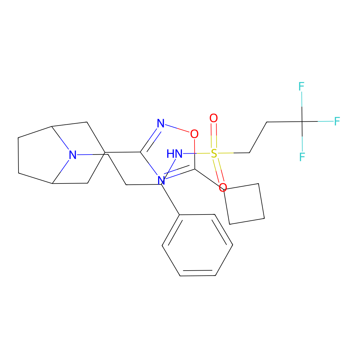 N-(3-((1R,5S)-3-(5-cyclobutyl-1,2,4-oxadiazol-3-yl)-8-azabicyclo[3.2.1]octan-8-yl)-1-phenylpropyl)-3,3,3-trifluoropropane-1-sulfonamide molecular structure, CAS 2108829-82-7