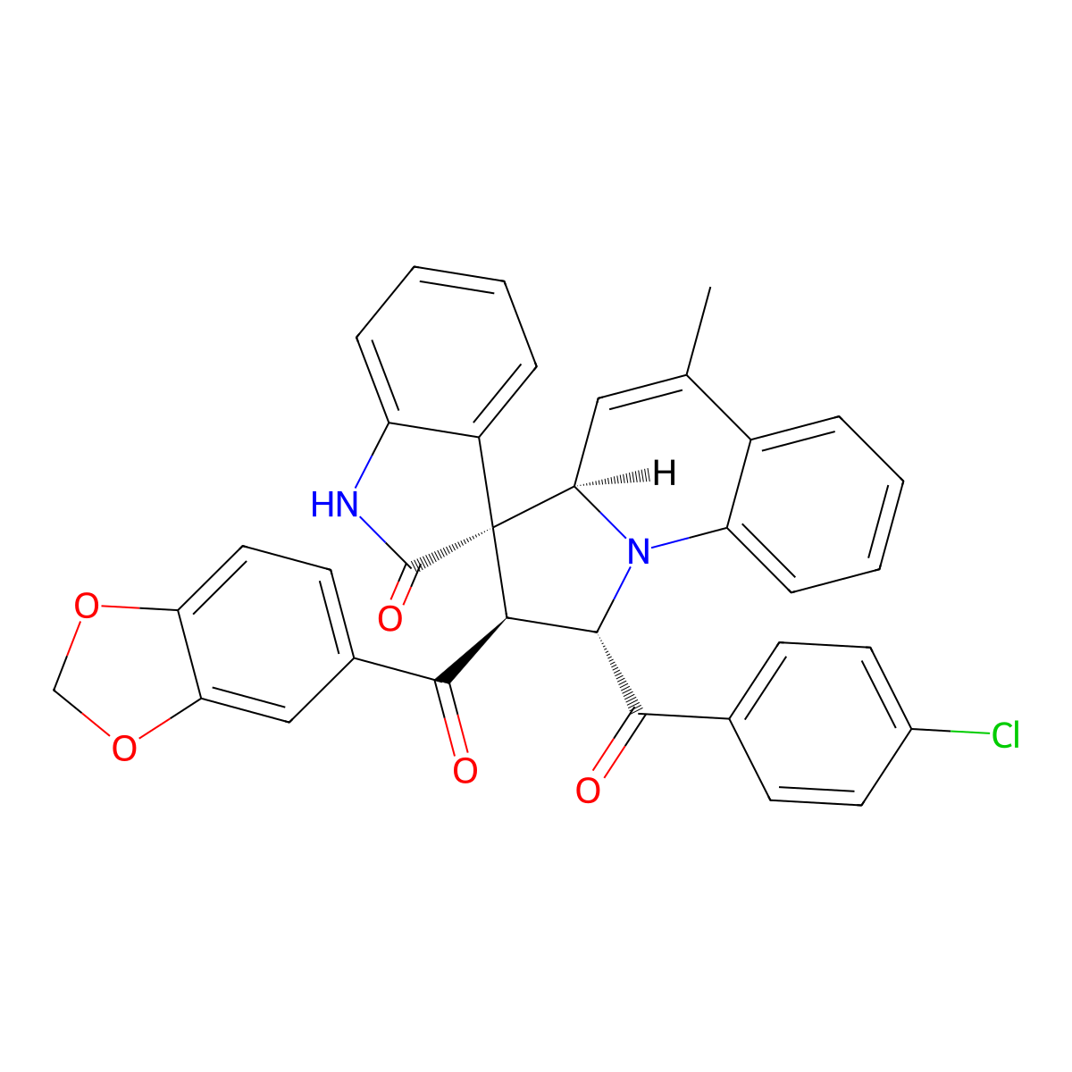 (1'S,2'S,3R,3'Ar)-2'-(1,3-benzodioxole-5-carbonyl)-1'-(4-chlorobenzoyl)-5'-methylspiro[1H-indole-3,3'-2,3a-dihydro-1H-pyrrolo[1,2-a]quinoline]-2-one molecular structure, CAS 2108830-10-8