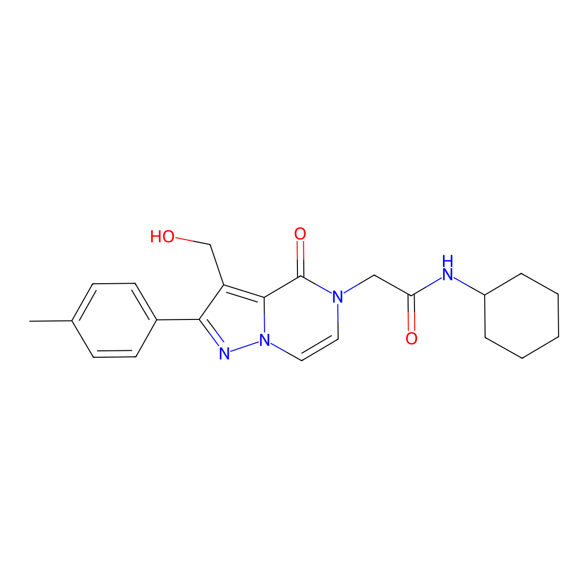 N-cyclohexyl-2-[3-(hydroxymethyl)-2-(4-methylphenyl)-4-oxo-4H,5H-pyrazolo[1,5-a]pyrazin-5-yl]acetamide molecular structure, CAS 2108847-90-9