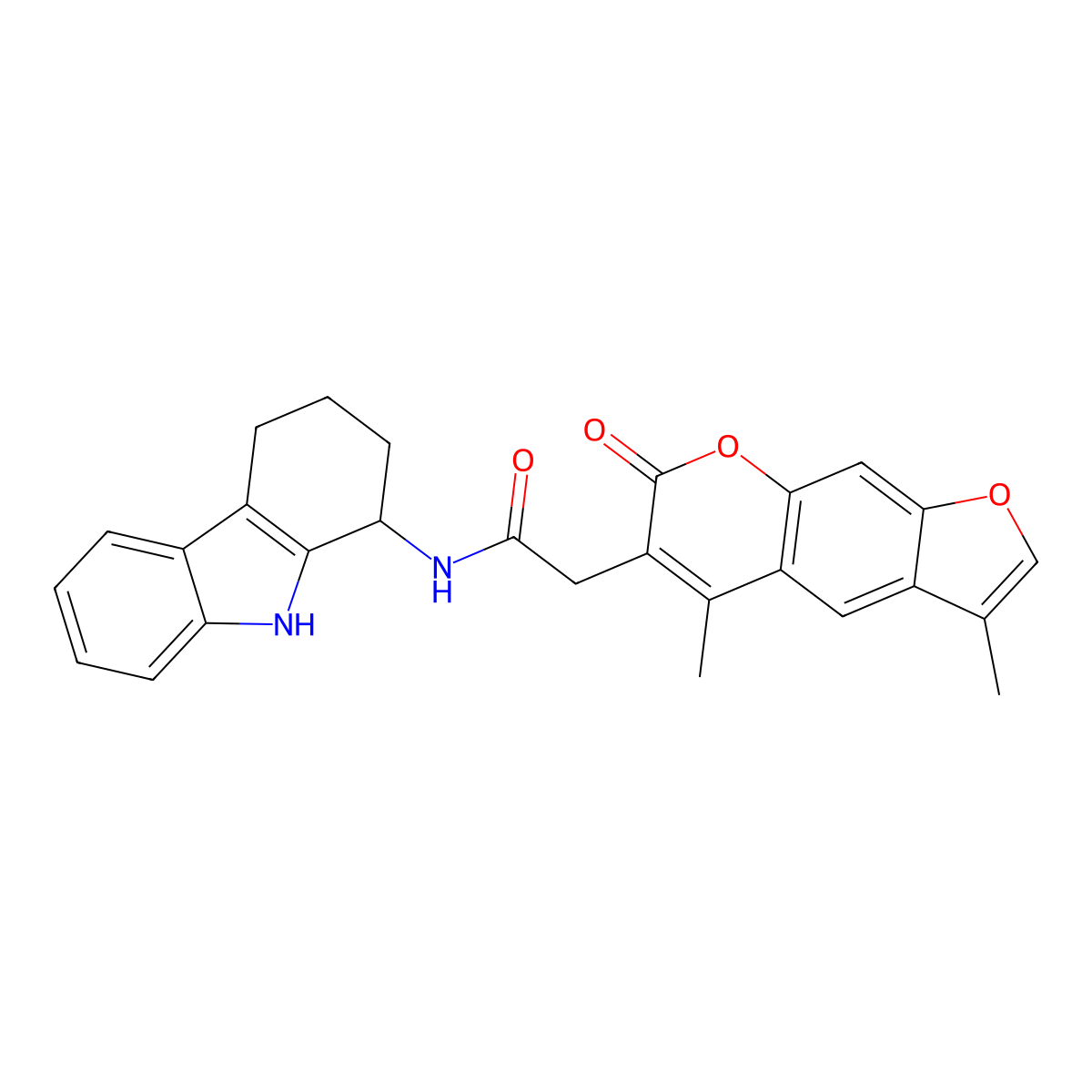 2-(3,5-dimethyl-7-oxo-7H-furo[3,2-g]chromen-6-yl)-N-(2,3,4,9-tetrahydro-1H-carbazol-1-yl)acetamide molecular structure, CAS 2108851-35-8
