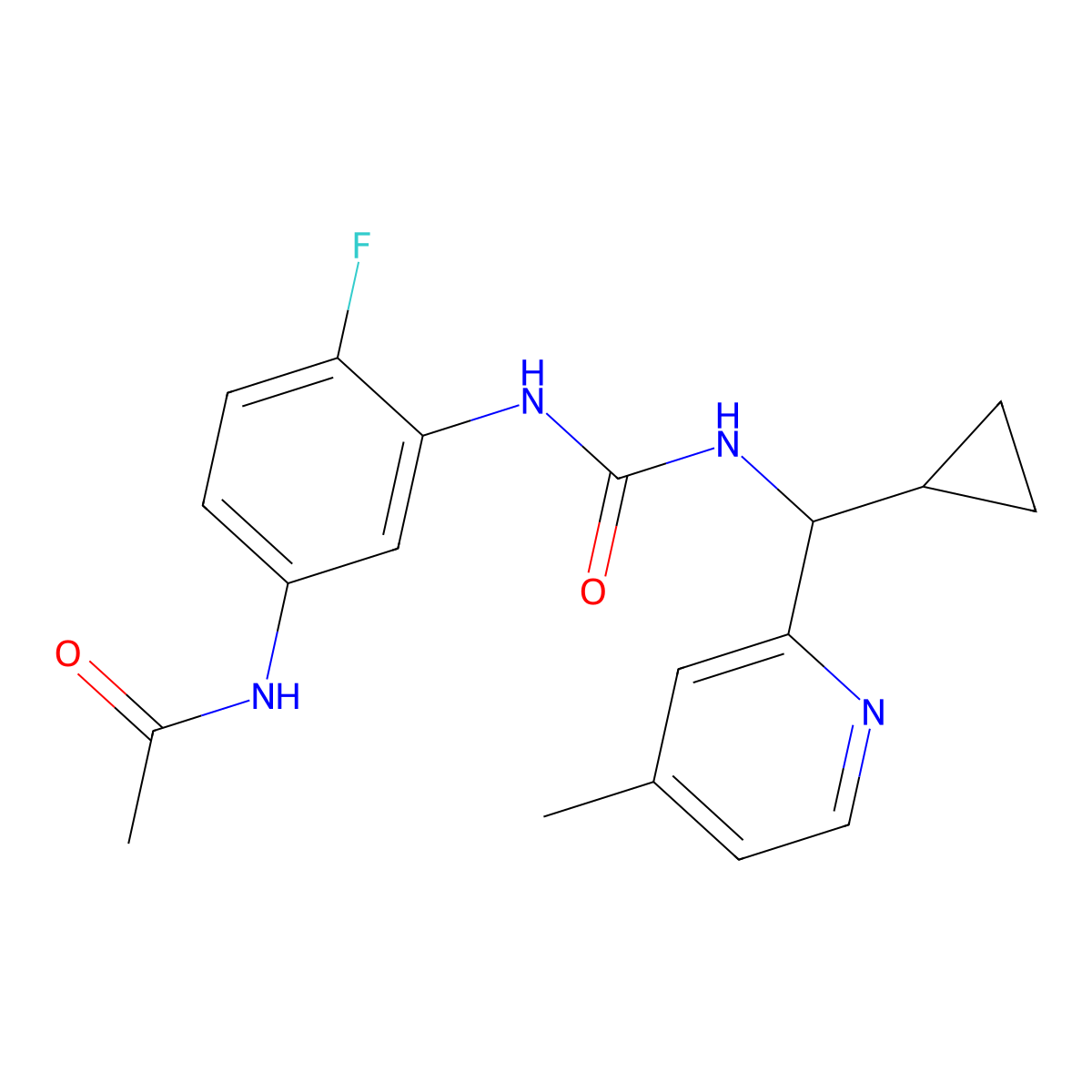 N-{3-[({[cyclopropyl(4-methylpyridin-2-yl)methyl]amino}carbonyl)amino]-4-fluorophenyl}acetamide molecular structure, CAS 2108923-17-5