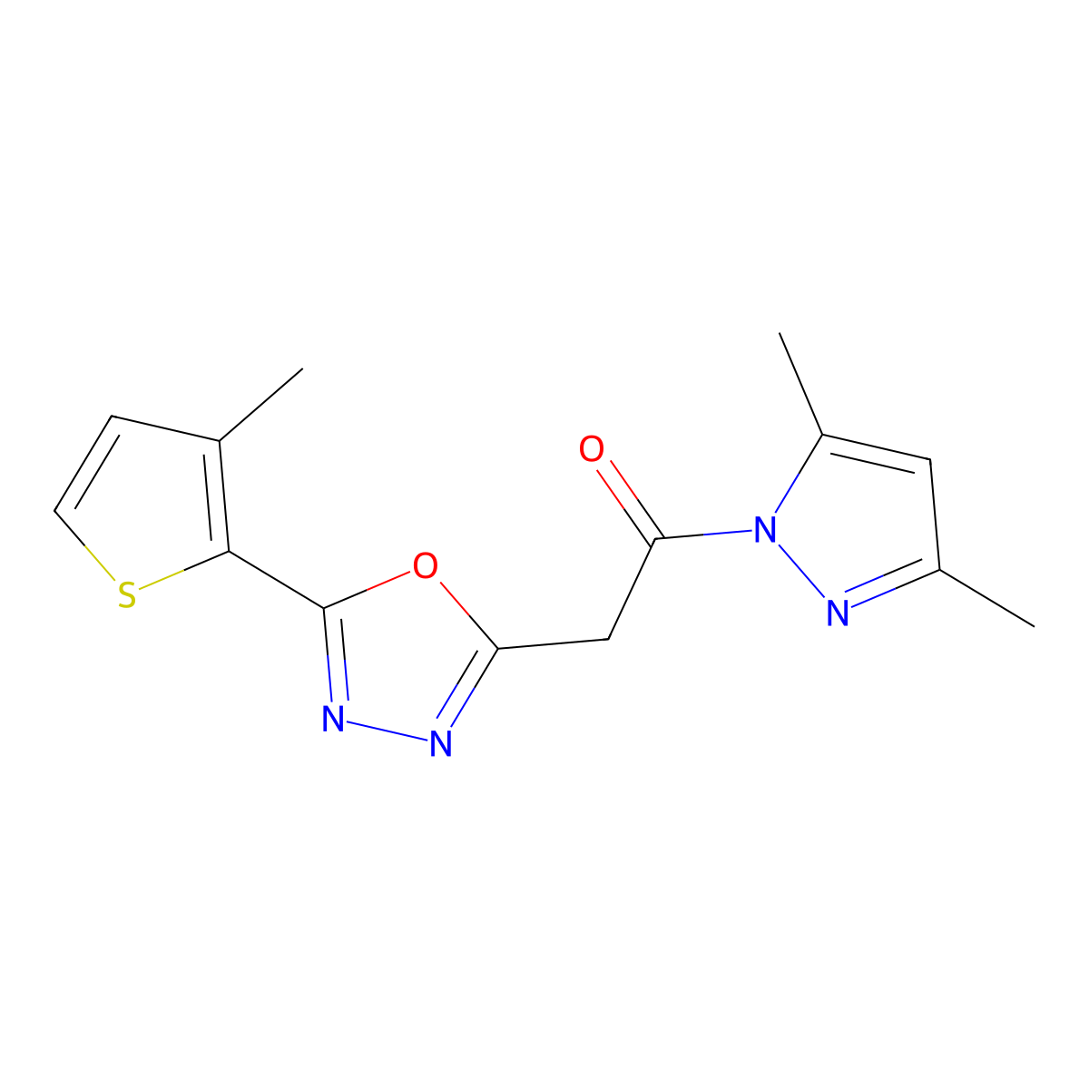 2-[2-(3,5-dimethyl-1H-pyrazol-1-yl)-2-oxoethyl]-5-(3-methyl-2-thienyl)-1,3,4-oxadiazole molecular structure, CAS 2108943-48-0