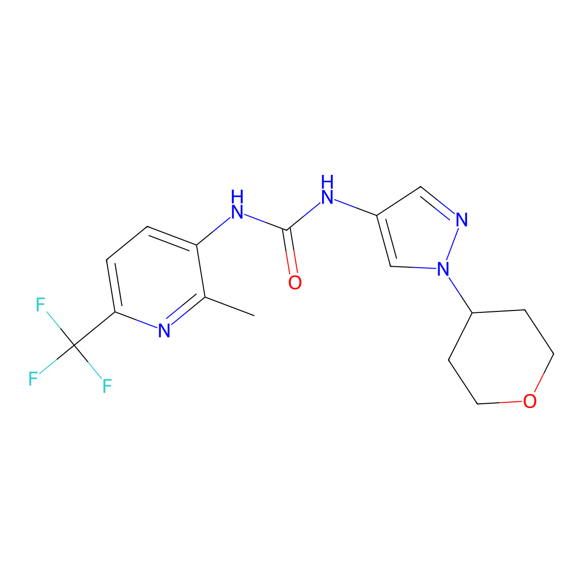 N-[2-Methyl-6-(trifluoromethyl)pyridin-3-yl]-N'-(1-tetrahydro-2H-pyran-4-yl-1h-pyrazol-4-yl)urea molecular structure, CAS 2108968-71-2