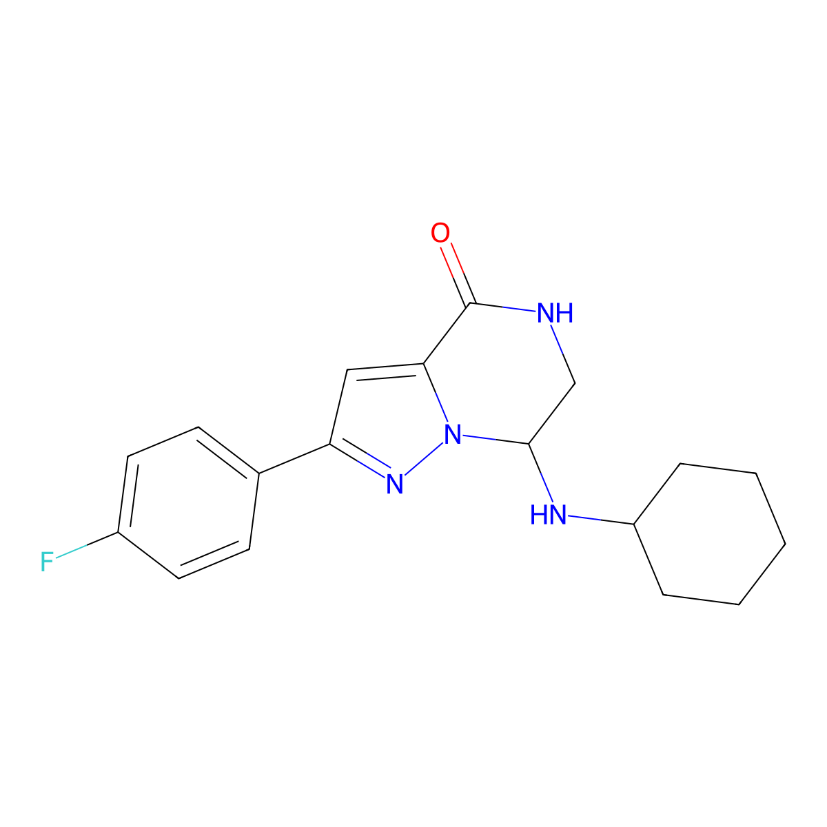 7-(cyclohexylamino)-2-(4-fluorophenyl)-6,7-dihydropyrazolo[1,5-a]pyrazin-4(5H)-one molecular structure, CAS 2109057-80-7