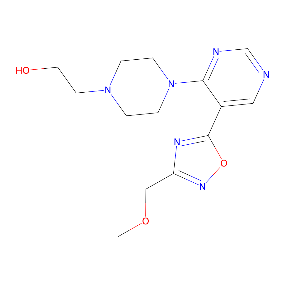 2-(4-{5-[3-(Methoxymethyl)-1,2,4-oxadiazol-5-yl]pyrimidin-4-yl}piperazin-1-yl)ethanol molecular structure, CAS 2109085-09-6