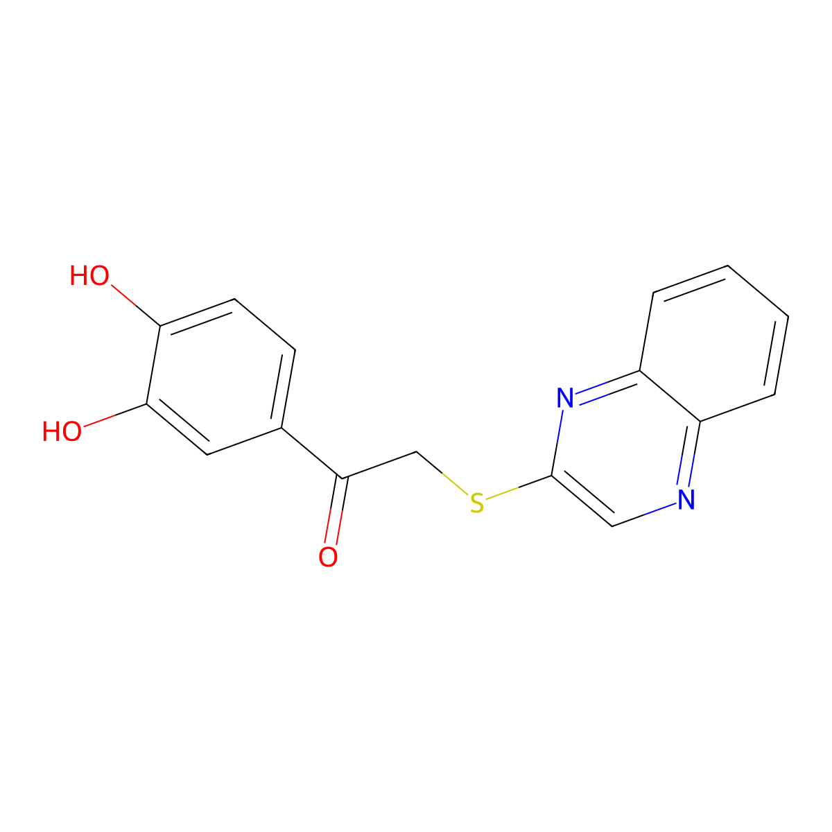 1-(3,4-Dihydroxyphenyl)-2-(quinoxalin-2-ylsulfanyl)ethan-1-one molecular structure, CAS 2109227-08-7