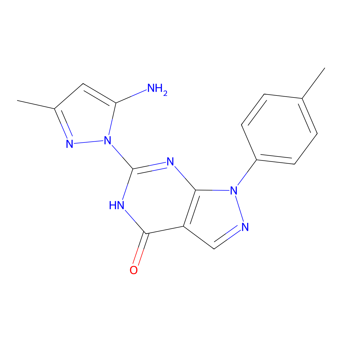 6-(5-amino-3-methyl-1H-pyrazol-1-yl)-1-(p-tolyl)-1,5-dihydro-4H-pyrazolo[3,4-d]pyrimidin-4-one molecular structure, CAS 2109284-10-6