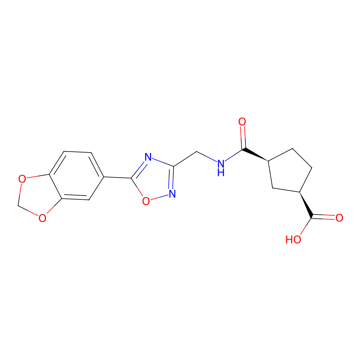 rel-(1R,3S)-3-(((5-(Benzo[d][1,3]dioxol-5-yl)-1,2,4-oxadiazol-3-yl)methyl)carbamoyl)cyclopentane-1-carboxylic acid molecular structure, CAS 2109427-79-2