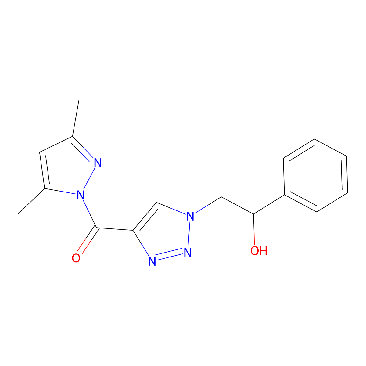 2-{4-[(3,5-dimethyl-1H-pyrazol-1-yl)carbonyl]-1H-1,2,3-triazol-1-yl}-1-phenylethanol molecular structure, CAS 2109561-42-2