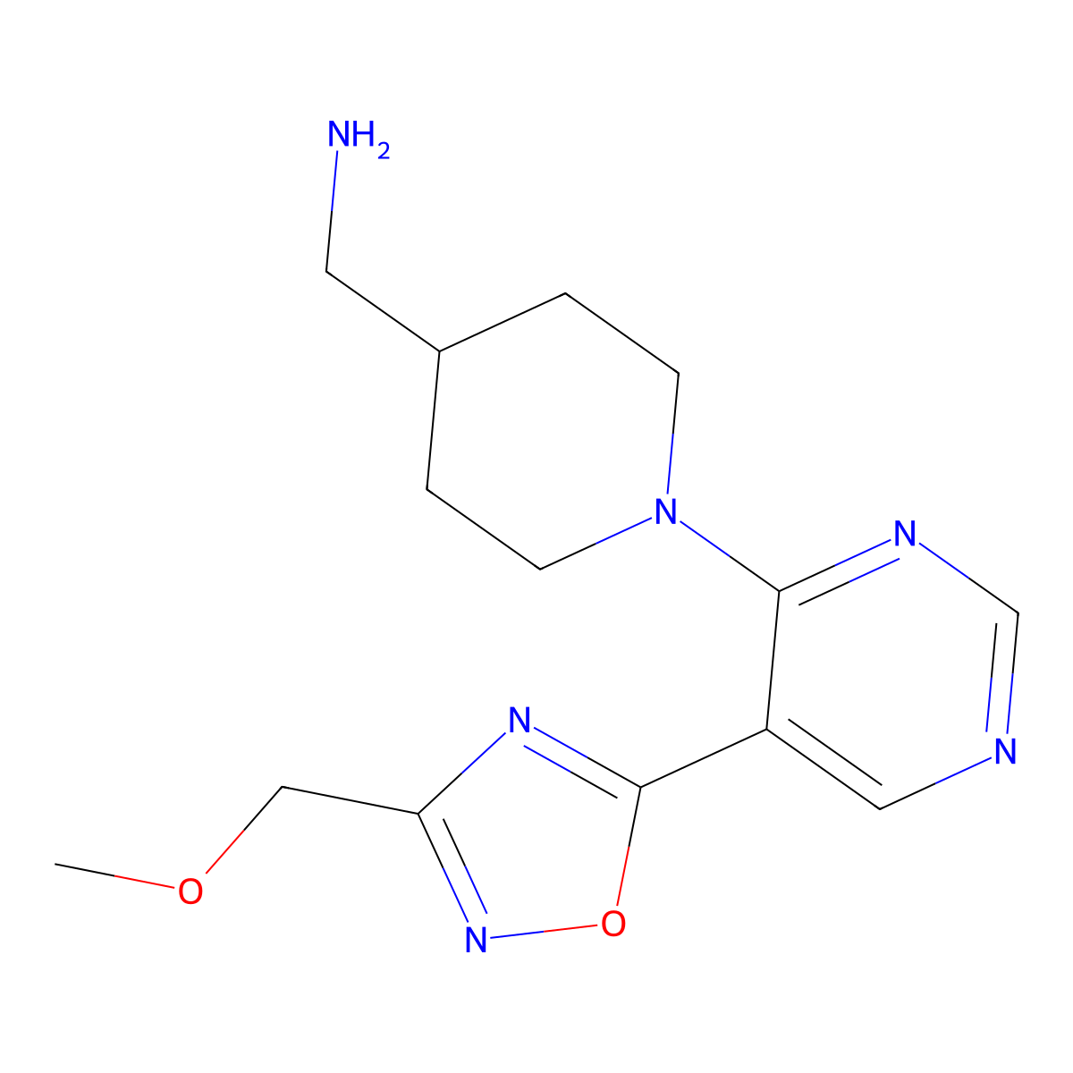 [(1-{5-[3-(Methoxymethyl)-1,2,4-oxadiazol-5-yl]pyrimidin-4-yl}piperidin-4-yl)methyl]amine molecular structure, CAS 2109572-75-8