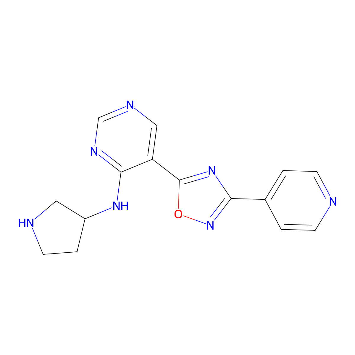 5-(3-pyridin-4-yl-1,2,4-oxadiazol-5-yl)-N-pyrrolidin-3-ylpyrimidin-4-amine molecular structure, CAS 2109572-80-5