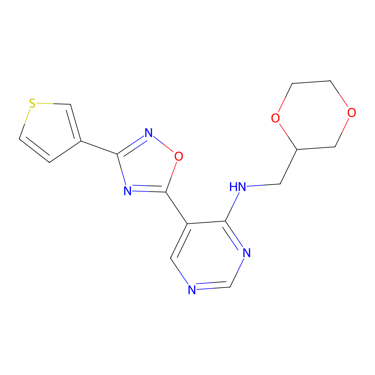 N-[(1,4-dioxan-2-yl)methyl]-5-[3-(thiophen-3-yl)-1,2,4-oxadiazol-5-yl]pyrimidin-4-amine molecular structure, CAS 2109572-91-8