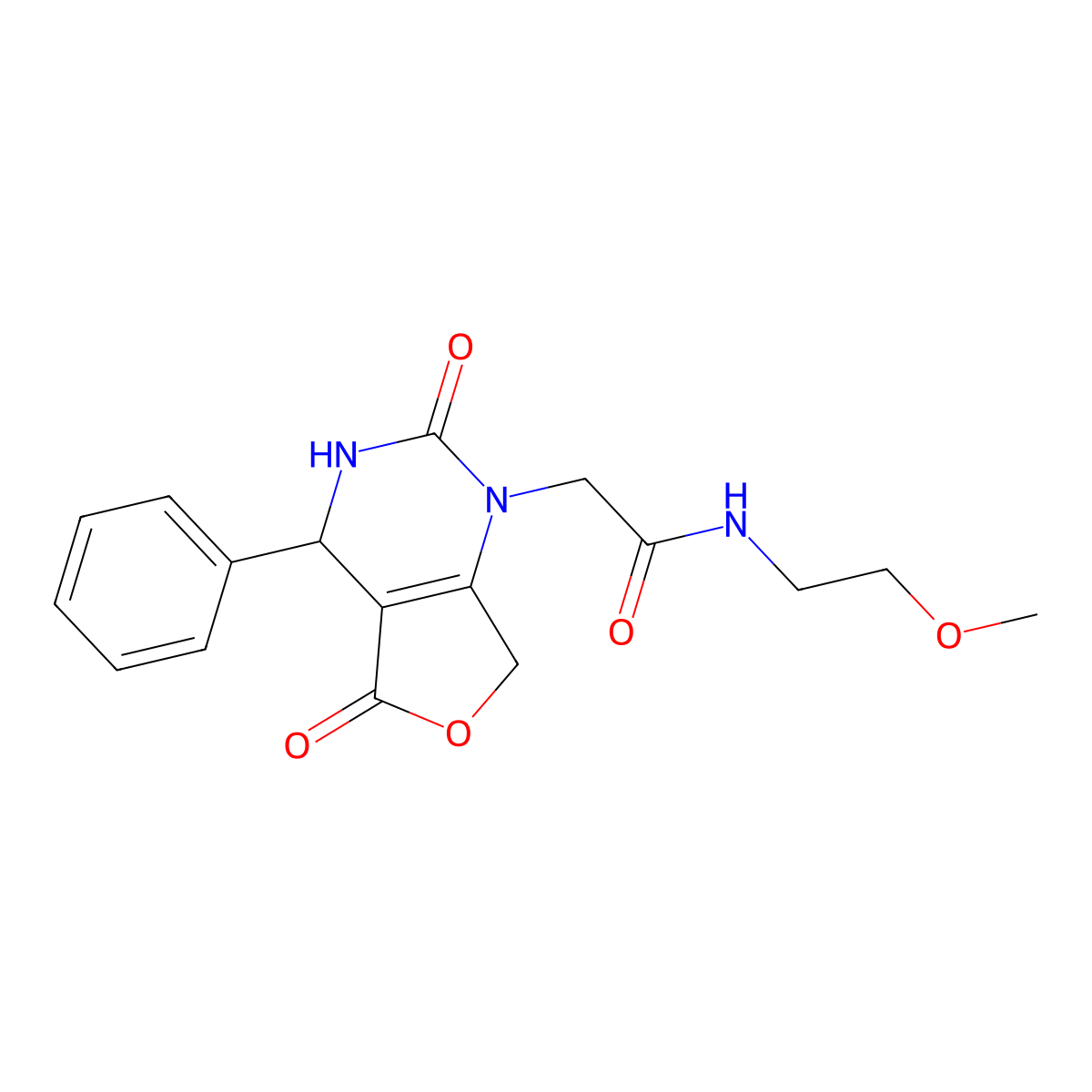2-(2,5-dioxo-4-phenyl-3,4,5,7-tetrahydrofuro[3,4-d]pyrimidin-1(2H)-yl)-N-(2-methoxyethyl)acetamide molecular structure, CAS 2109589-83-3
