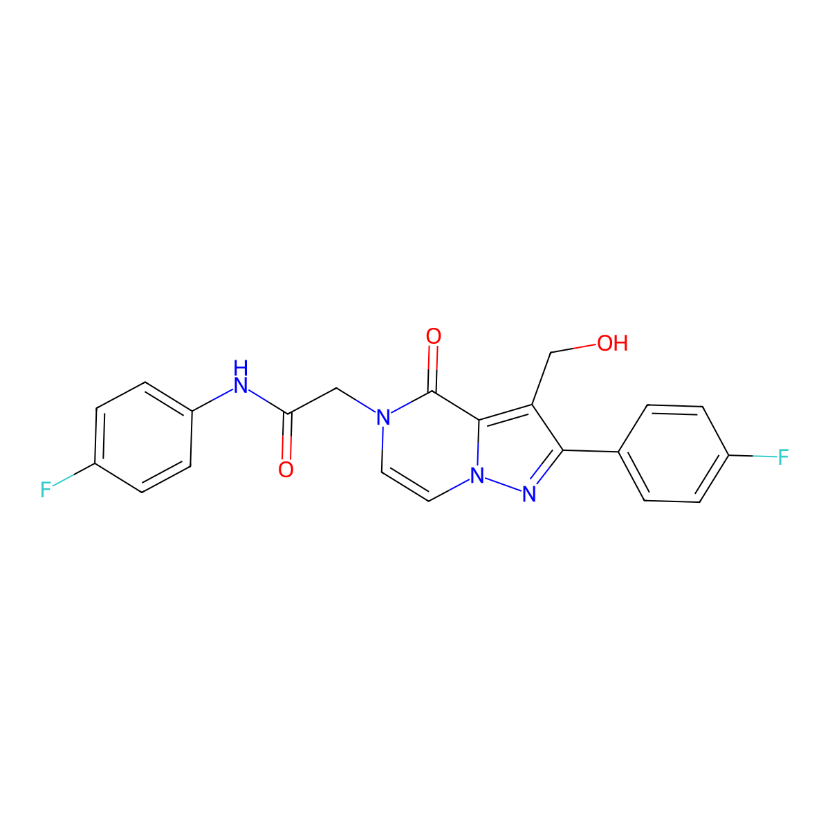 N-(4-fluorophenyl)-2-[2-(4-fluorophenyl)-3-(hydroxymethyl)-4-oxo-4H,5H-pyrazolo[1,5-a]pyrazin-5-yl]acetamide molecular structure, CAS 2109590-22-7
