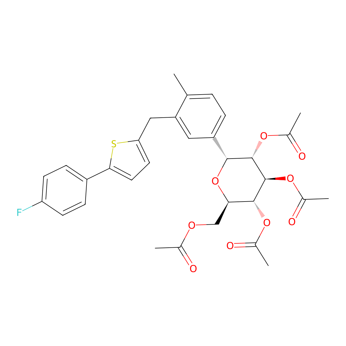 (2R,3R,4R,5S,6R)-2-(acetoxymethyl)-6-(3-((5-(4-fluorophenyl)thiophen-2-yl)methyl)-4-methylphenyl)tetrahydro-2H-pyran-3,4,5-triyl triacetate molecular structure, CAS 2110533-80-5