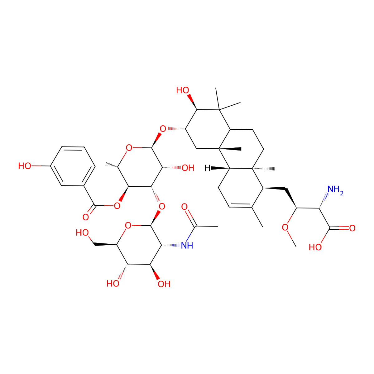 (2S,3S)-4-[(1S,4aS,4bS,6S,7S,10aS)-6-[(2S,3R,4S,5S,6S)-4-[(2S,3R,4R,5S,6R)-3-acetamido-4,5-dihydroxy-6-(hydroxymethyl)oxan-2-yl]oxy-3-hydroxy-5-(3-hydroxybenzoyl)oxy-6-methyloxan-2-yl]oxy-7-hydroxy-2,4b,8,8,10a-pentamethyl-4,4a,5,6,7,8a,9,10-octahydro-1H-phenanthren-1-yl]-2-amino-3-methoxybutanoic acid molecular structure, CAS 211108-46-2