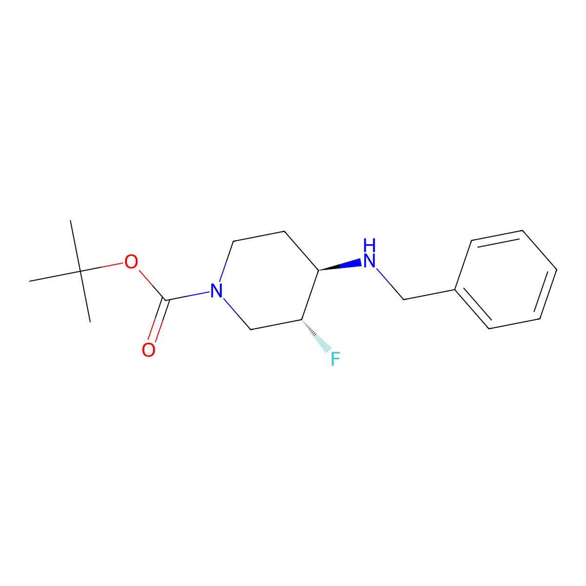 rel-(3R,4R)-4-Benzylamino-1-[tert-butoxycarbonyl]-3-fluoropiperidine molecular structure, CAS 211108-52-0