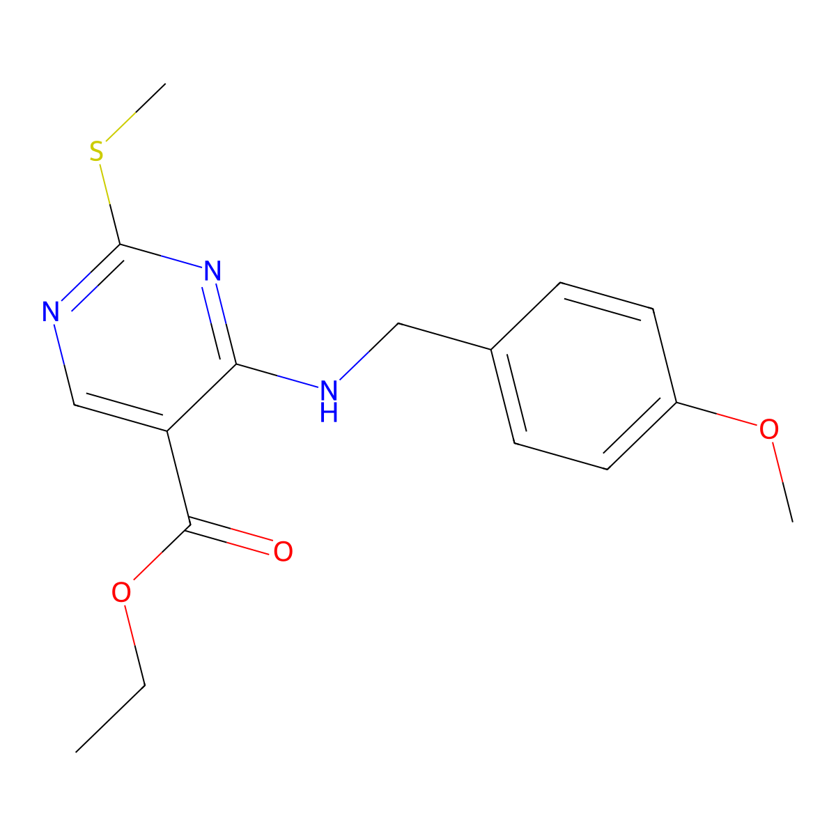 Ethyl 4-((4-methoxybenzyl)amino)-2-(methylthio)pyrimidine-5-carboxylate molecular structure, CAS 211230-35-2