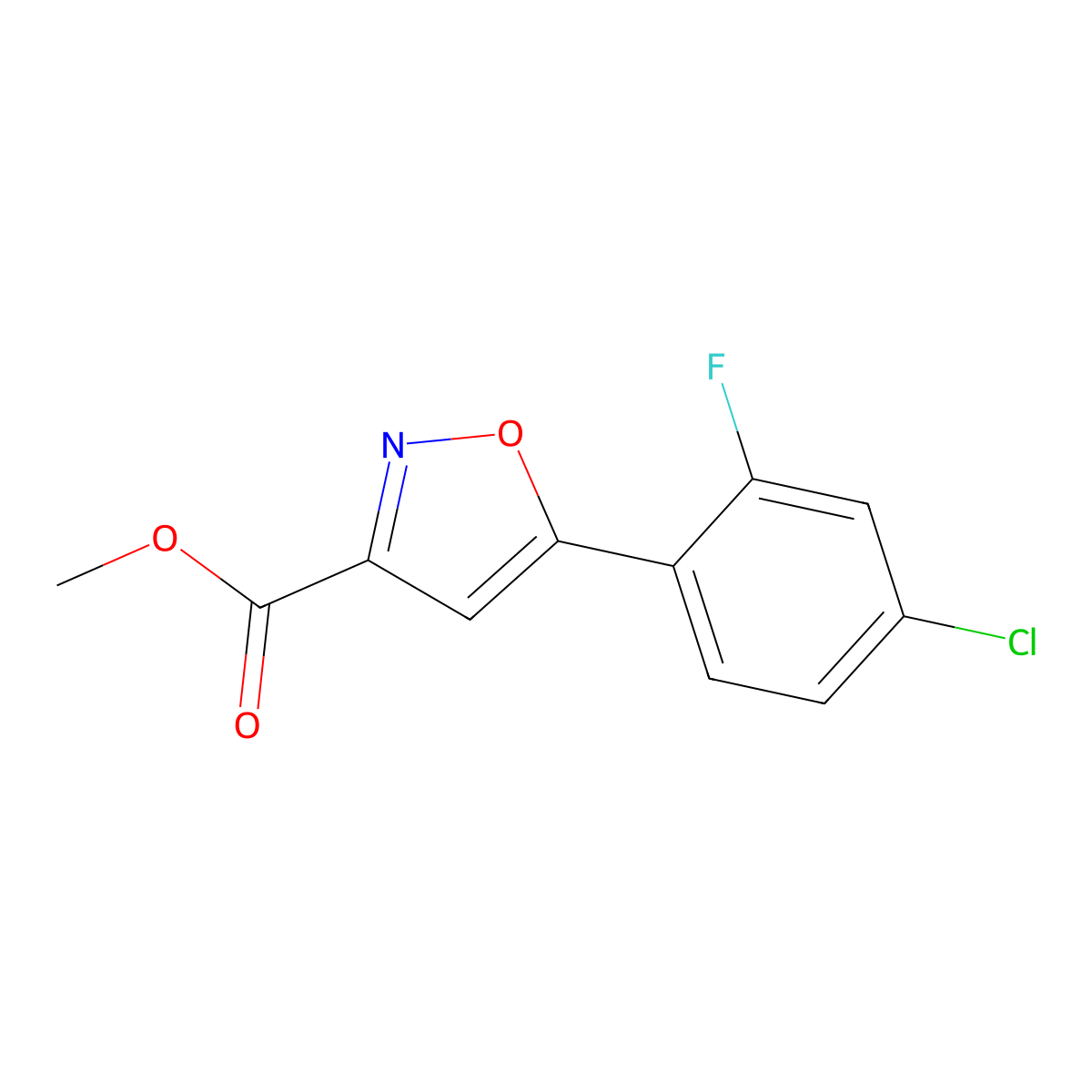 Methyl 5-(4-chloro-2-fluorophenyl)-1,2-oxazole-3-carboxylate molecular structure, CAS 2112819-70-0