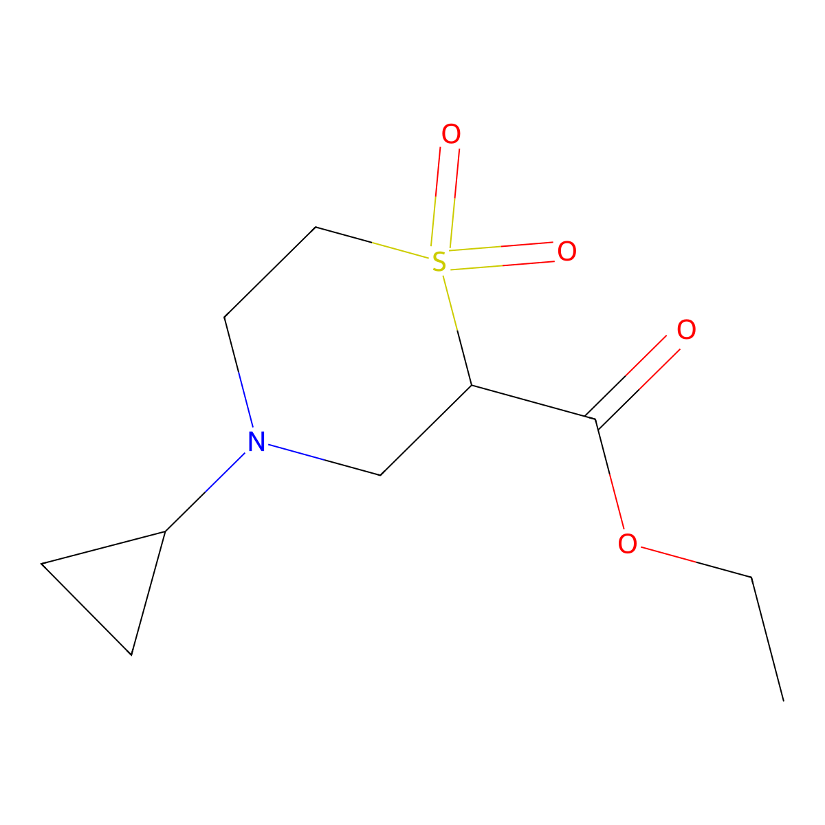 Ethyl 4-cyclopropyl-1,1-dioxo-1lambda6-thiomorpholine-2-carboxylate molecular structure, CAS 2113186-63-1