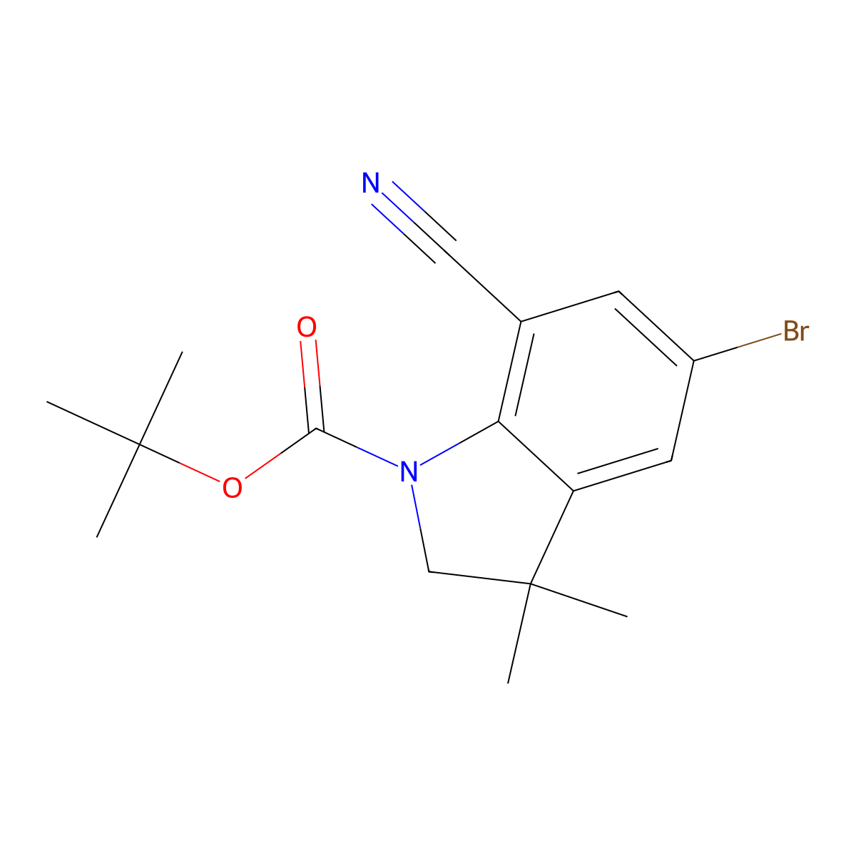 Tert-butyl 5-bromo-7-cyano-3,3-dimethylindoline-1-carboxylate molecular structure, CAS 2113619-18-2