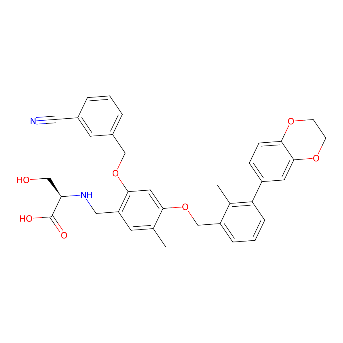 (2~{R})-2-[[2-[(3-cyanophenyl)methoxy]-4-[[3-(2,3-dihydro-1,4-benzodioxin-6-yl)-2-methyl-phenyl]methoxy]-5-methyl-phenyl]methylamino]-3-oxidanyl-propanoic acid molecular structure, CAS 2113650-03-4