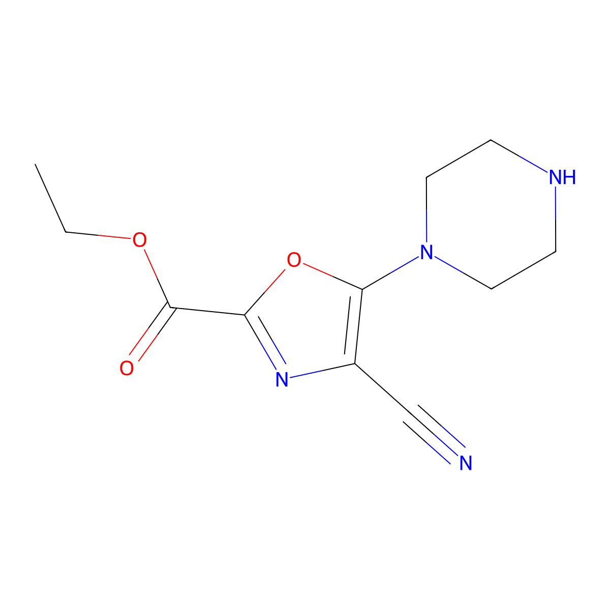 Ethyl 4-cyano-5-(piperazin-1-yl)-1,3-oxazole-2-carboxylate molecular structure, CAS 2114809-56-0
