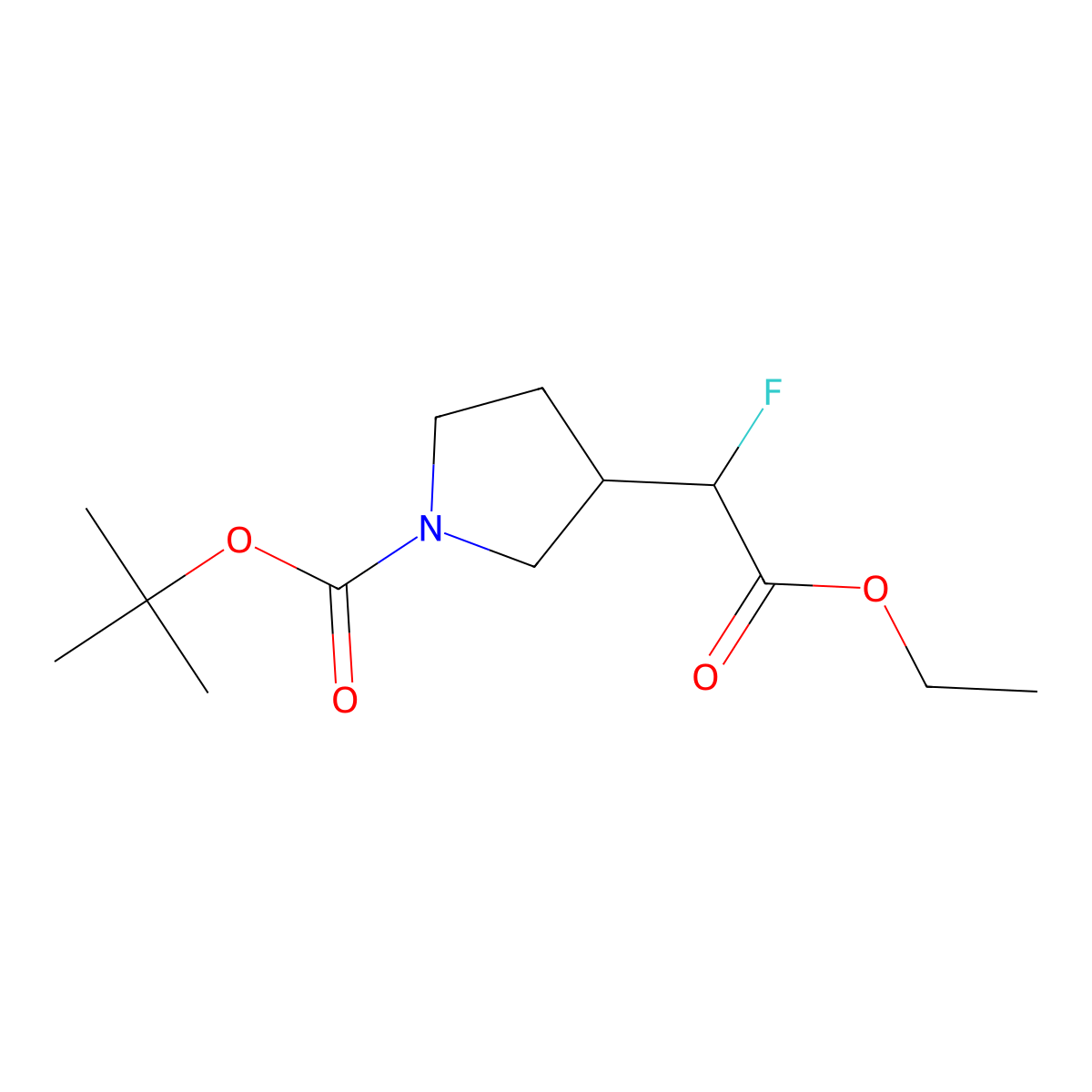 Tert-butyl 3-(2-ethoxy-1-fluoro-2-oxoethyl)pyrrolidine-1-carboxylate molecular structure, CAS 2114918-17-9