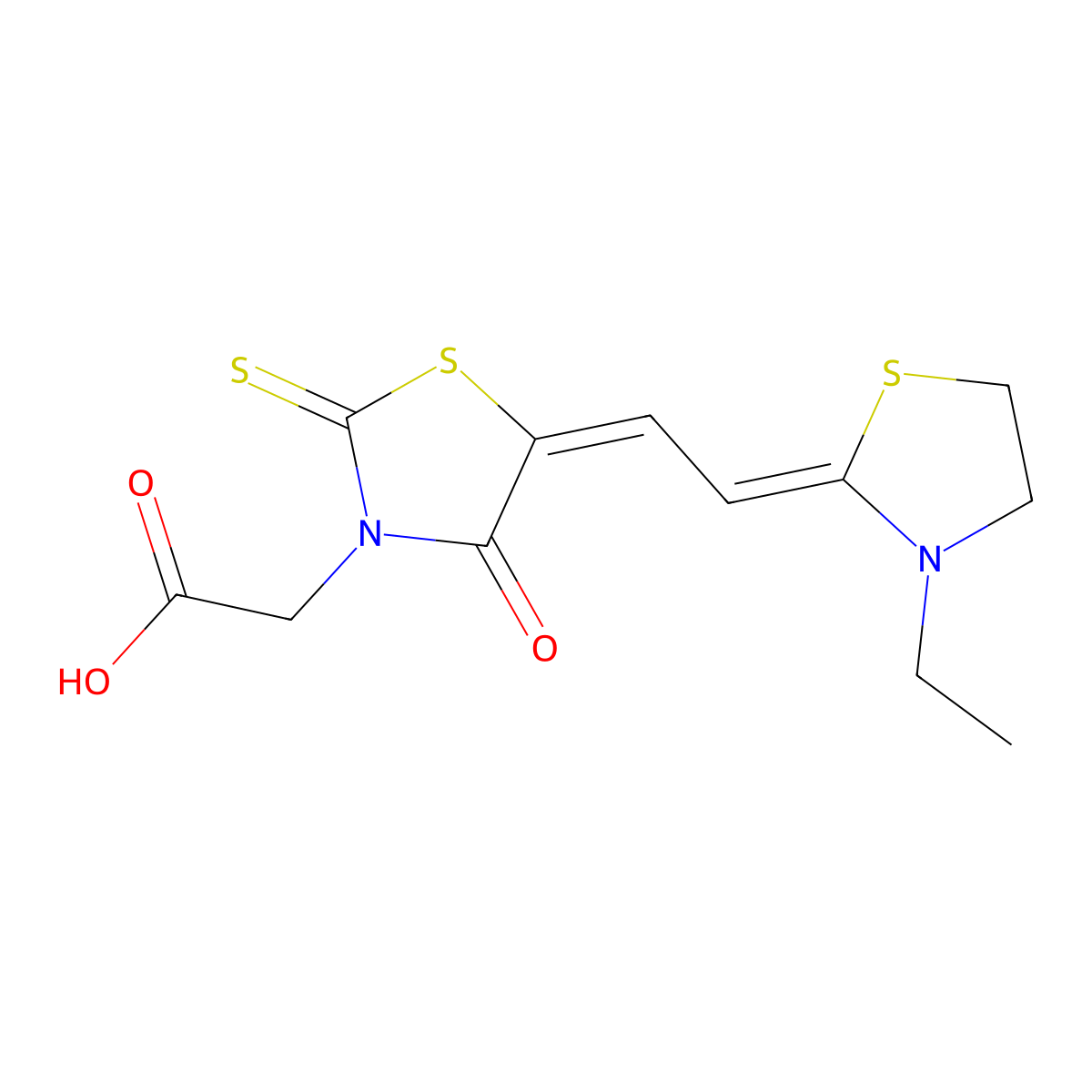 3-Thiazolidineacetic acid, 5-[2-(3-ethyl-2-thiazolidinylidene)ethylidene]-4-oxo-2-thioxo- molecular structure, CAS 21155-21-5