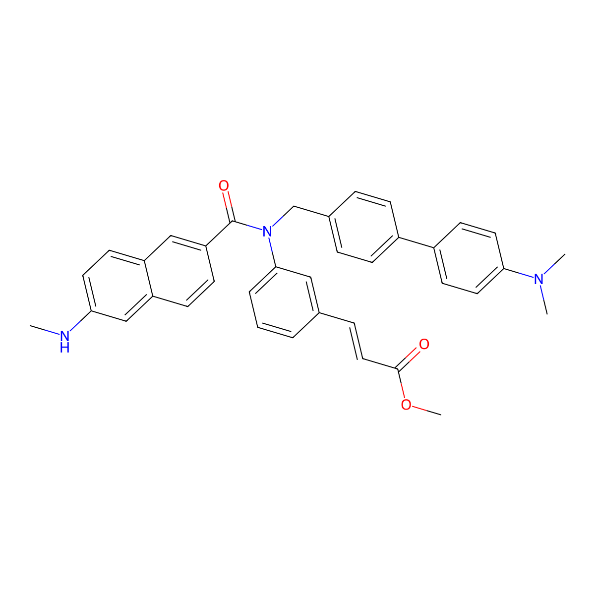 Methyl (E)-3-(3-(N-((4'-(dimethylamino)-[1,1'-biphenyl]-4-yl)methyl)-6-(methylamino)-2-naphthamido)phenyl)acrylate molecular structure, CAS 2115706-15-3