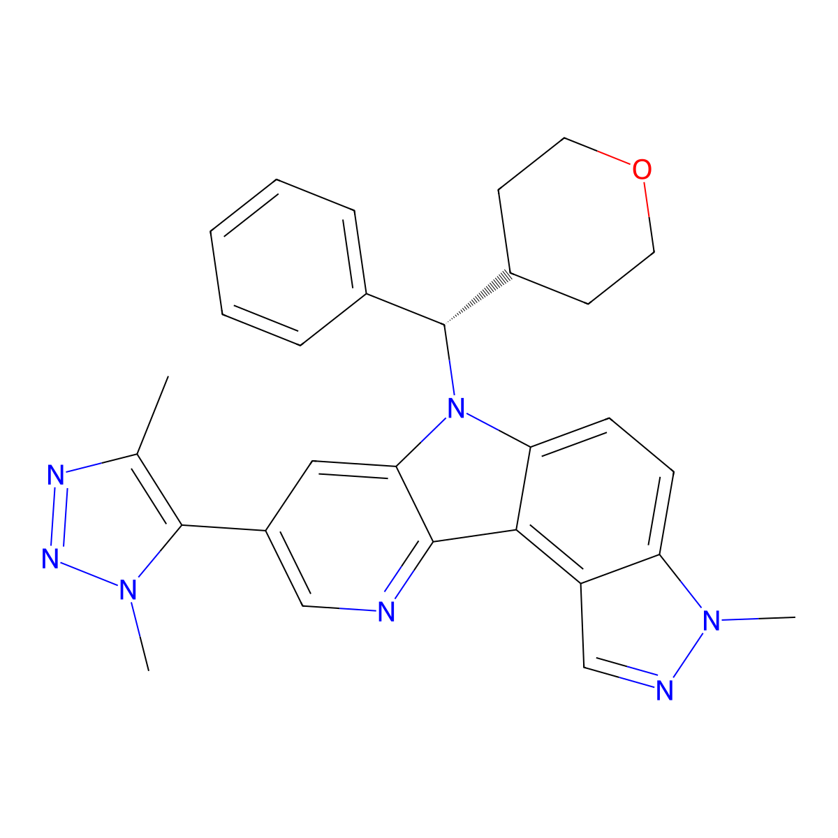 (S)-8-(1,4-Dimethyl-1H-1,2,3-triazol-5-yl)-3-methyl-6-(phenyl(tetrahydro-2H-pyran-4-yl)methyl)-3,6-dihydropyrido[2',3':4,5]pyrrolo[3,2-e]indazole molecular structure, CAS 2115742-04-4