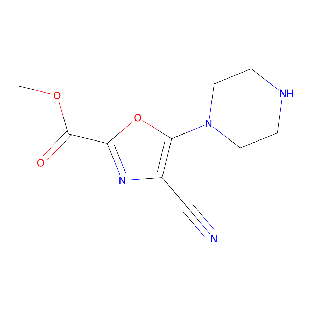 Methyl 4-cyano-5-(piperazin-1-yl)-1,3-oxazole-2-carboxylate molecular structure, CAS 2115789-05-2