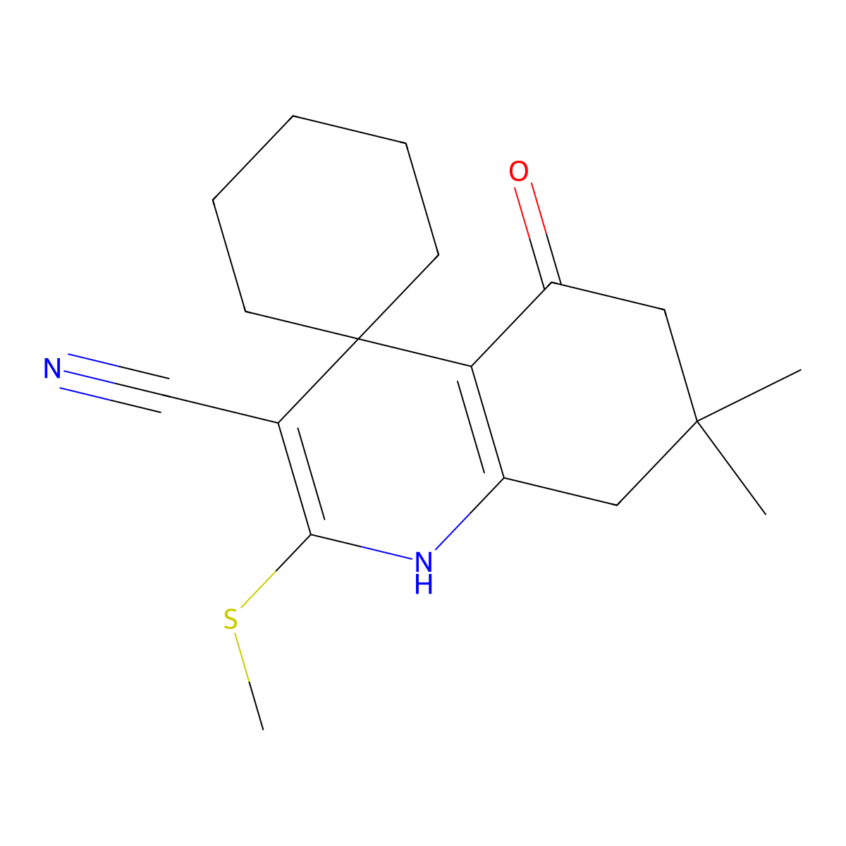 7,7-dimethyl-2-methylsulfanyl-5-oxospiro[6,8-dihydro-1H-quinoline-4,1'-cyclohexane]-3-carbonitrile molecular structure, CAS 211613-58-0