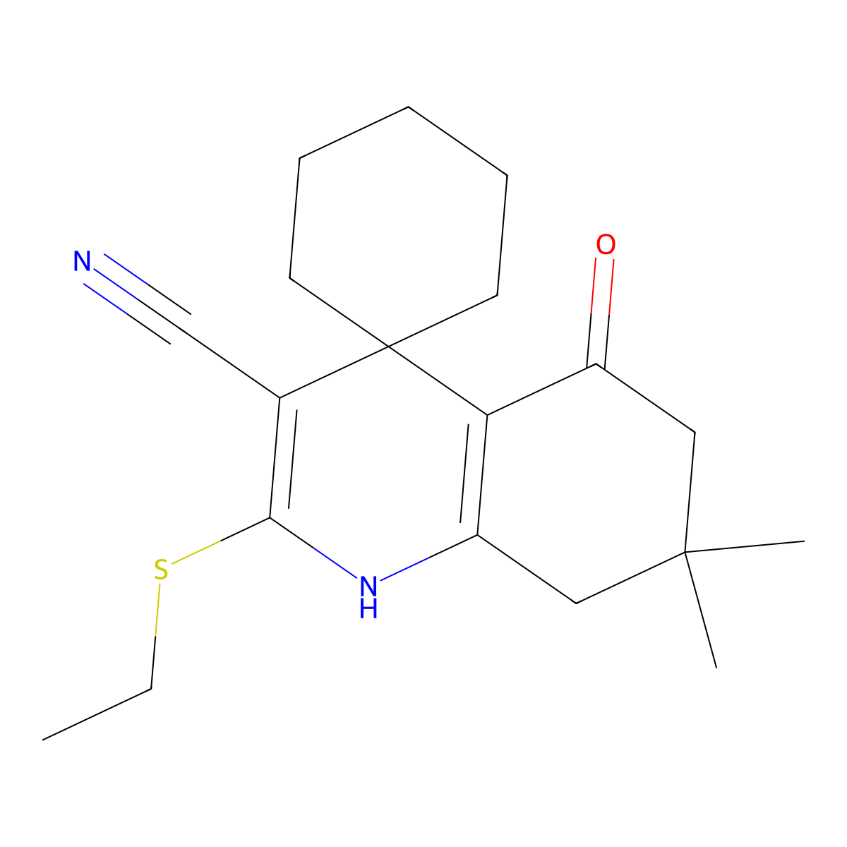 2-ethylsulfanyl-7,7-dimethyl-5-oxospiro[6,8-dihydro-1H-quinoline-4,1'-cyclohexane]-3-carbonitrile molecular structure, CAS 211613-59-1