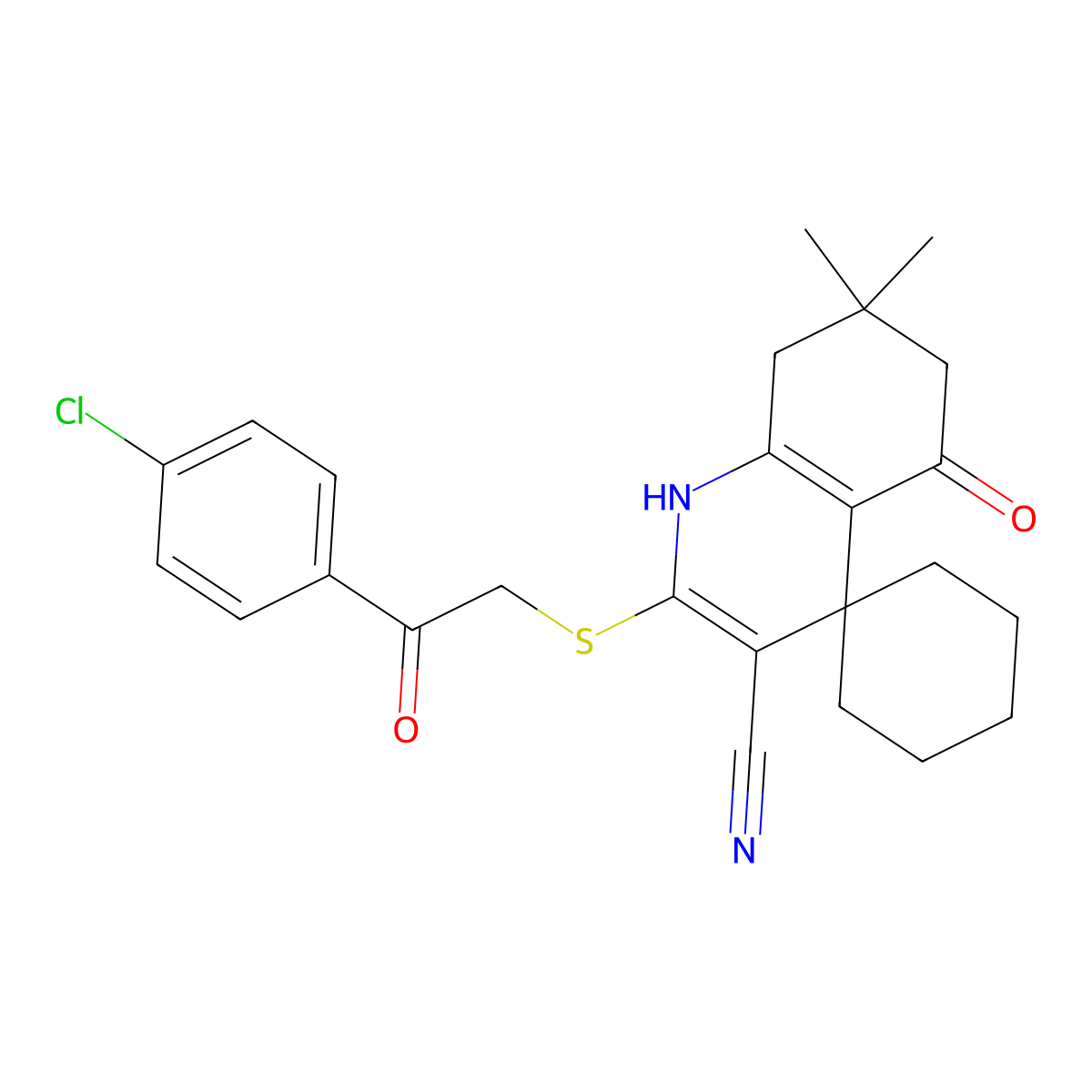 2-[2-(4-chlorophenyl)-2-oxoethyl]sulfanyl-7,7-dimethyl-5-oxospiro[6,8-dihydro-1H-quinoline-4,1'-cyclohexane]-3-carbonitrile molecular structure, CAS 211613-60-4