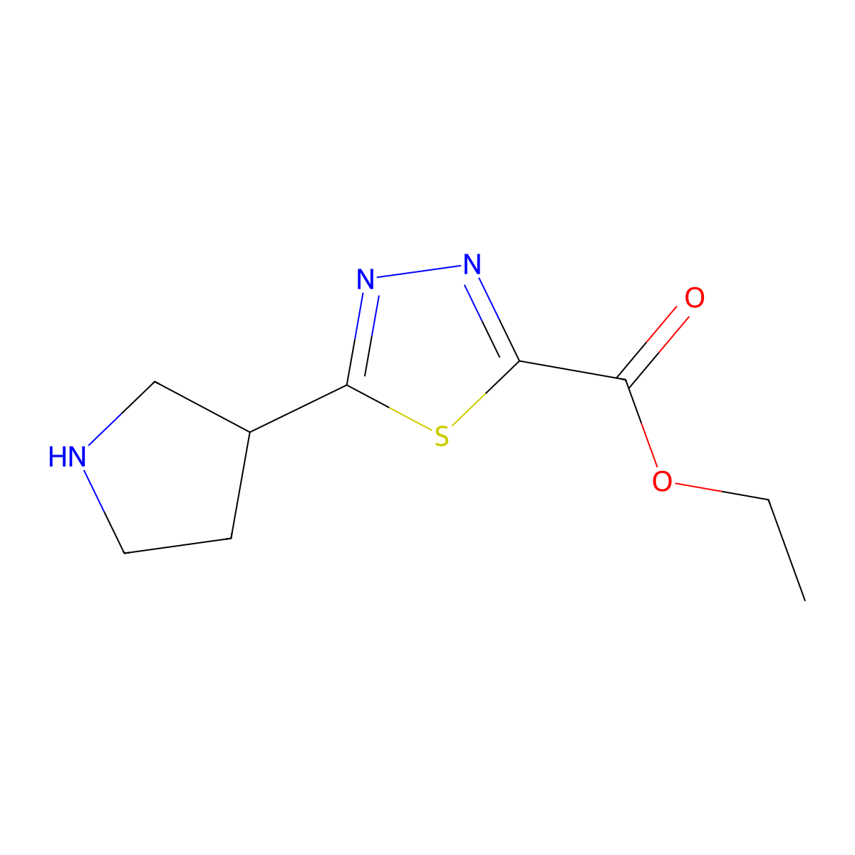 Ethyl 5-(pyrrolidin-3-yl)-1,3,4-thiadiazole-2-carboxylate molecular structure, CAS 2116387-51-8
