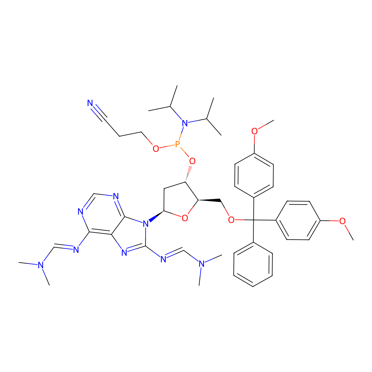 N'-[9-[(2R,4S,5R)-5-[[bis(4-methoxyphenyl)-phenylmethoxy]methyl]-4-[2-cyanoethoxy-[di(propan-2-yl)amino]phosphanyl]oxyoxolan-2-yl]-6-(dimethylaminomethylideneamino)purin-8-yl]-N,N-dimethylmethanimidamide molecular structure, CAS 211676-21-0