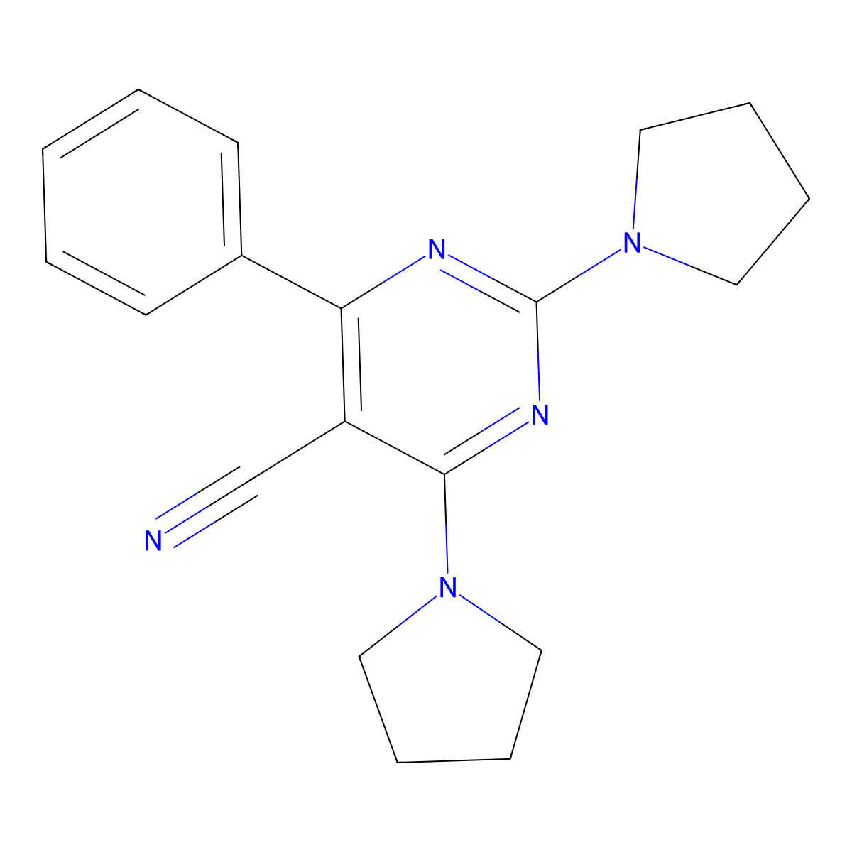 4-Phenyl-2,6-di(1-pyrrolidinyl)-5-pyrimidinecarbonitrile molecular structure, CAS 211687-29-5