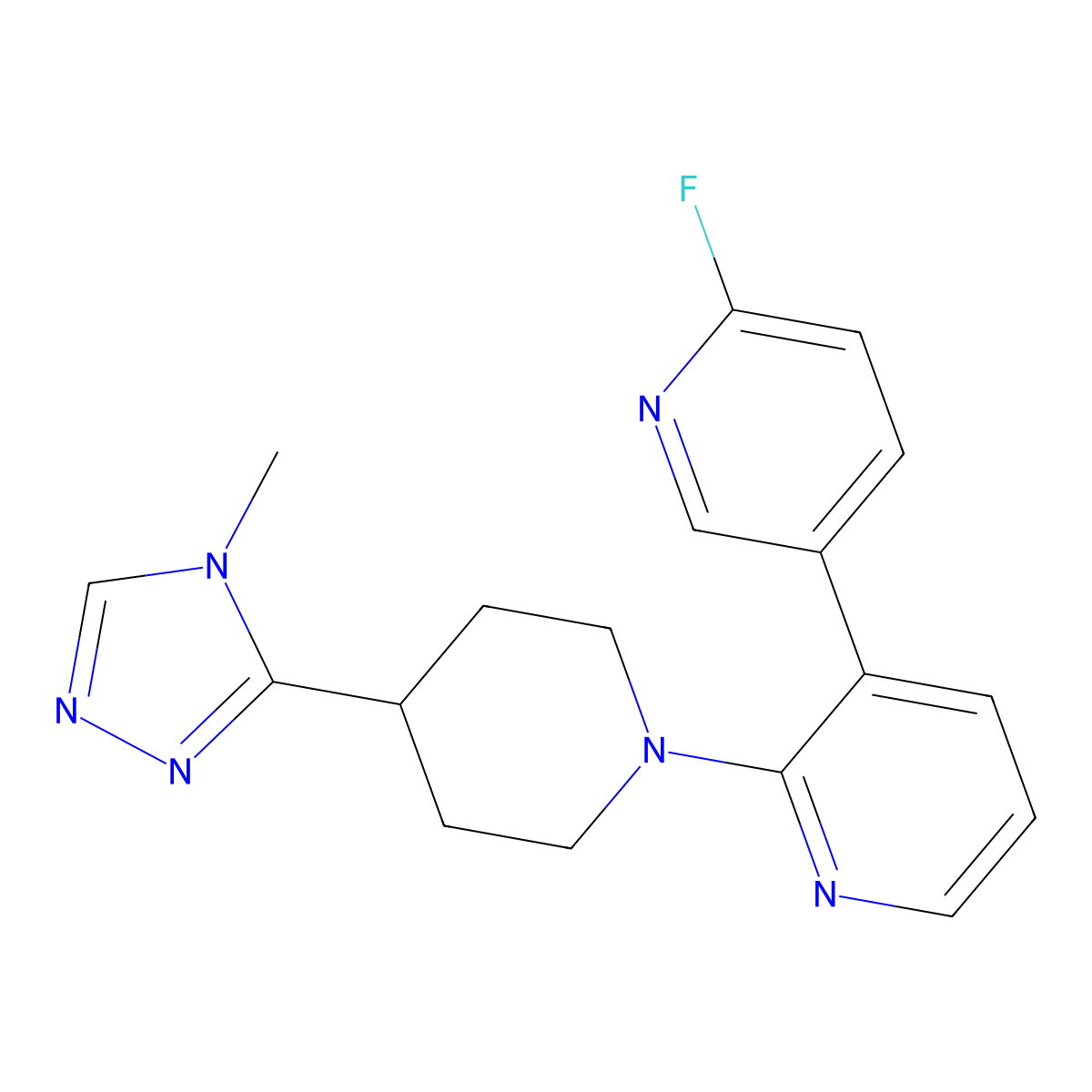 3-(6-fluoropyridin-3-yl)-2-(4-(4-methyl-4H-1,2,4-triazol-3-yl)piperidin-1-yl)pyridine molecular structure, CAS 2117405-13-5