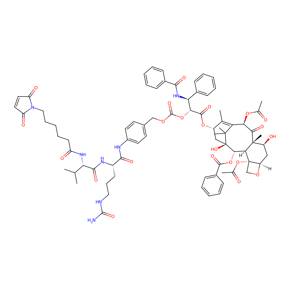 [(1S,2S,3R,4S,7R,9S,10S,12R,15S)-4,12-diacetyloxy-15-[(2R,3S)-3-benzamido-2-[[4-[[(2S)-5-(carbamoylamino)-2-[[(2S)-2-[6-(2,5-dioxopyrrol-1-yl)hexanoylamino]-3-methylbutanoyl]amino]pentanoyl]amino]phenyl]methoxycarbonyloxy]-3-phenylpropanoyl]oxy-1,9-dihydroxy-10,14,17,17-tetramethyl-11-oxo-6-oxatetracyclo[11.3.1.03,10.04,7]heptadec-13-en-2-yl] benzoate molecular structure, CAS 2119034-12-5