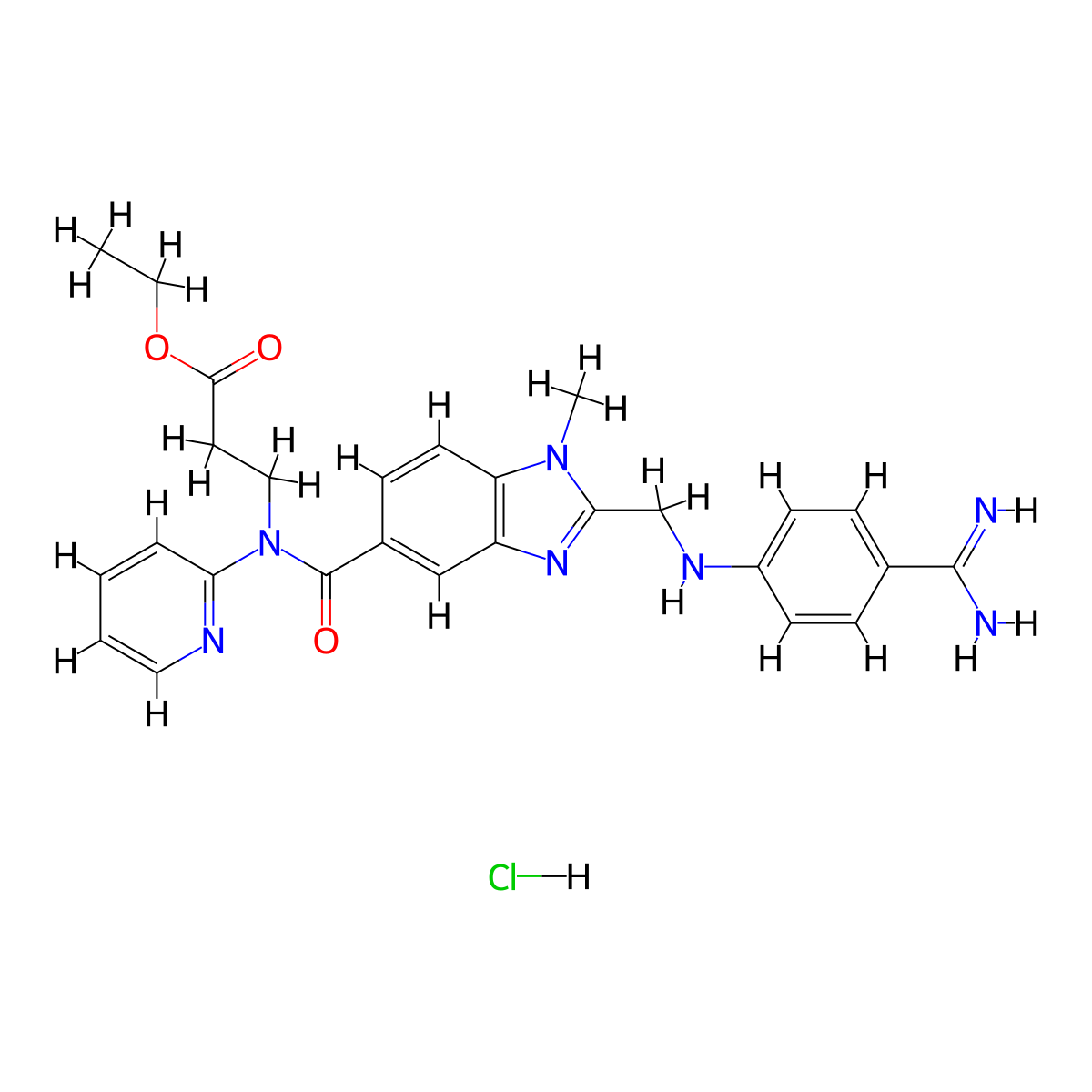 Ethyl 3-(2-(((4-carbamimidoylphenyl)amino)methyl)-1-methyl-N-(pyridin-2-yl)-1H-benzo(d)imidazole-5-carboxamido)propanoate hydrochloride molecular structure, CAS 211914-50-0