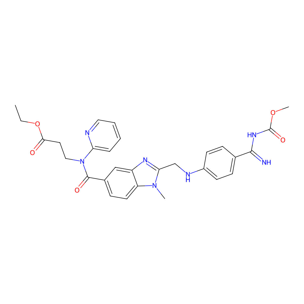 ethyl 3-[[2-[[4-[(Z)-N'-methoxycarbonylcarbamimidoyl]anilino]methyl]-1-methylbenzimidazole-5-carbonyl]-pyridin-2-ylamino]propanoate molecular structure, CAS 211914-96-4