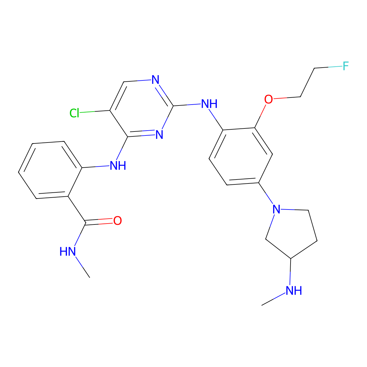 2-((5-Chloro-2-((2-(2-fluoroethoxy)-4-(3-(methylamino)pyrrolidin-1-yl)phenyl)amino)pyrimidin-4-yl)amino)-N-methylbenzamide molecular structure, CAS 2119738-71-3