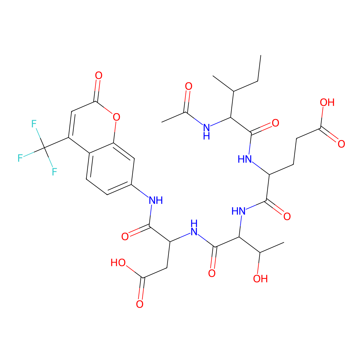 4-[(2-Acetamido-3-methylpentanoyl)amino]-5-[[1-[[3-carboxy-1-oxo-1-[[2-oxo-4-(trifluoromethyl)chromen-7-yl]amino]propan-2-yl]amino]-3-hydroxy-1-oxobutan-2-yl]amino]-5-oxopentanoic acid molecular structure, CAS 211990-57-7