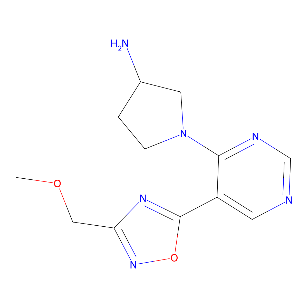 1-{5-[3-(Methoxymethyl)-1,2,4-oxadiazol-5-yl]pyrimidin-4-yl}pyrrolidin-3-amine molecular structure, CAS 2120140-90-9