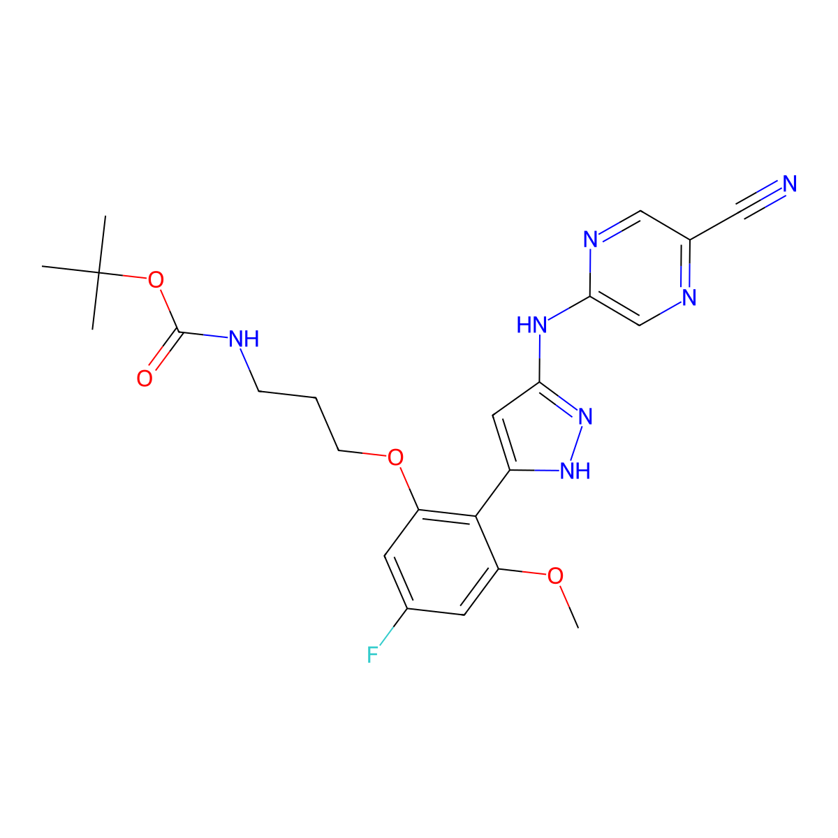 tert-butyl N-[3-[2-[3-[(5-cyanopyrazin-2-yl)amino]-1H-pyrazol-5-yl]-5-fluoro-3-methoxyphenoxy]propyl]carbamate molecular structure, CAS 2120398-96-9